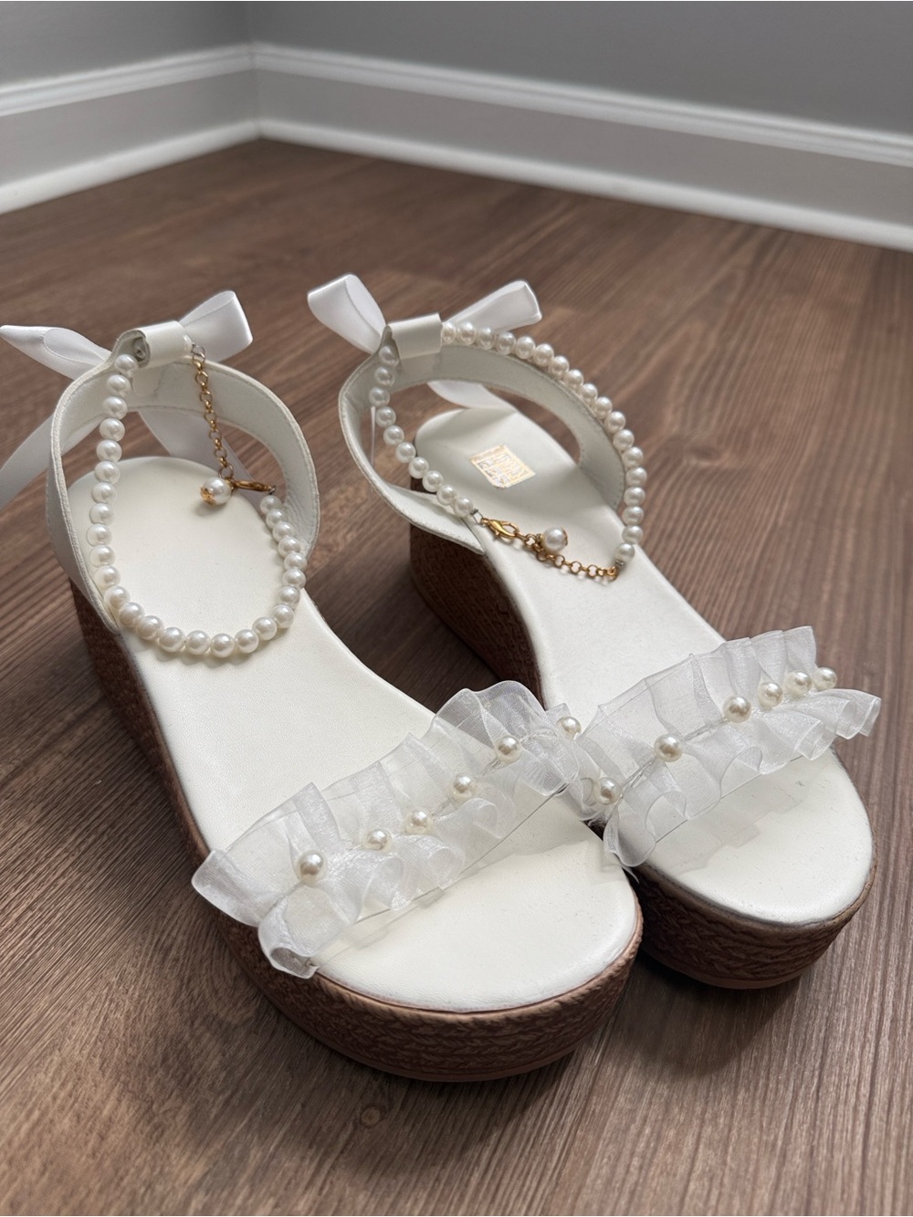 SHEIN White Pearl & Ruffle Ankle-Tie Wedge Sandals